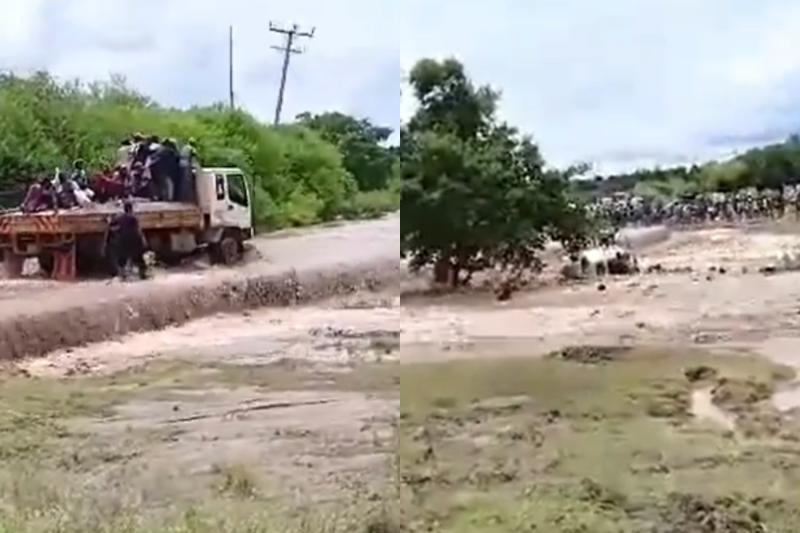 A composite image of a truck swept away by floods.